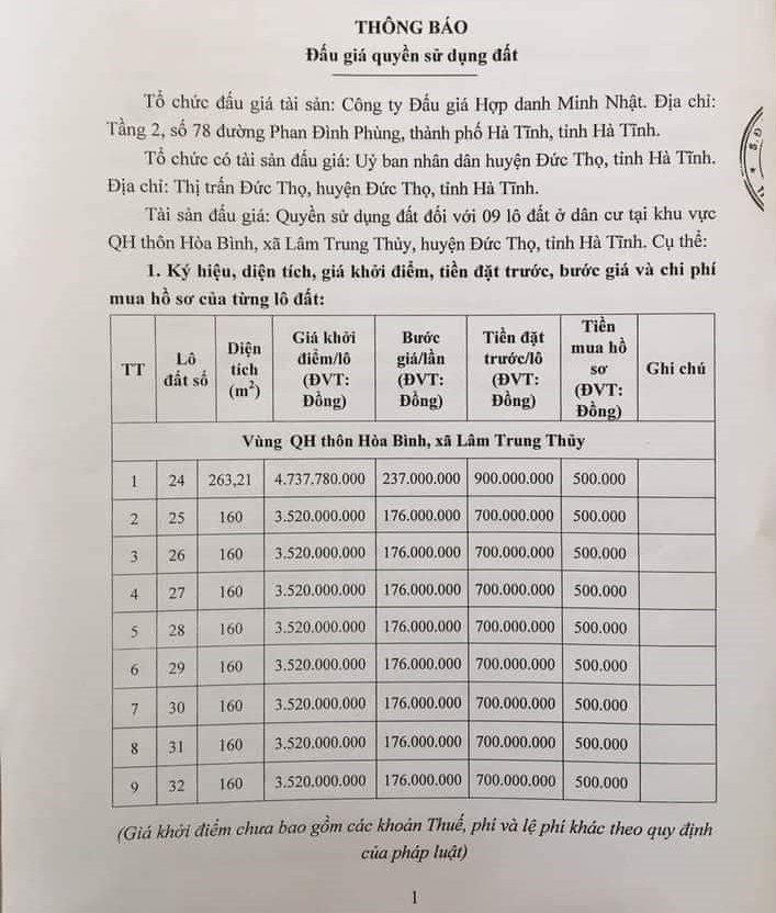 Thông báo bán đấu giá với mức giá cao khủng khiếp. Ảnh: TT.