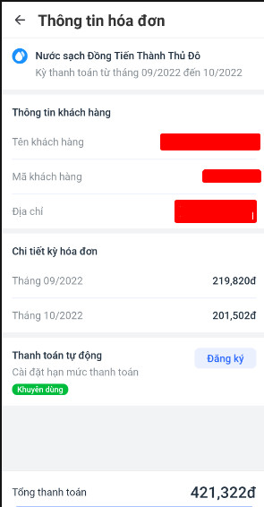 Hóa đơn tiền nước tháng 9, tháng 10 năm 2022 của căn hộ có thi thể chết khô