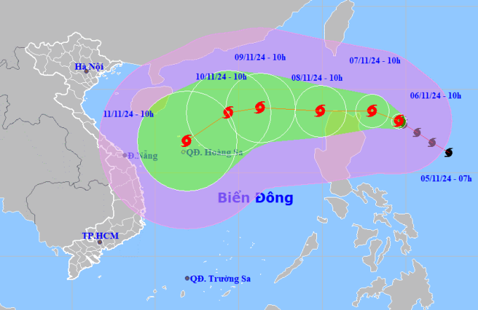 Dự báo hướng đi của bão Yinxing, NGÀY 6/11. Ảnh: NCHMF