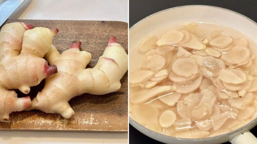 Gừng non cần ᵭược thái ʟát mỏng hoặc thái sợi rṑi trụng qua nước sȏi.